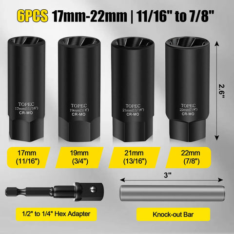 Deep Lug Nut Removal Tool Set Beast With Half Inch Drive, 6 Piece Lug Nut Extractor Kit showing various socket sizes.