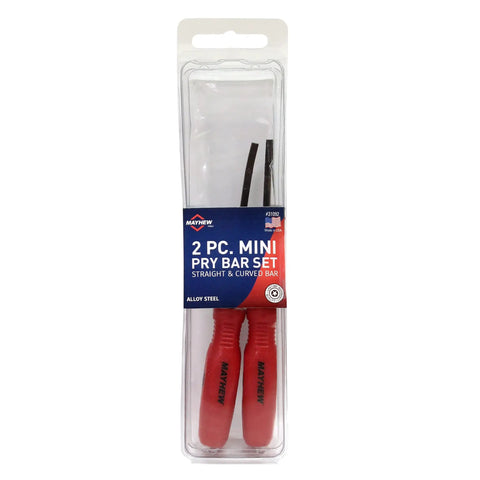Packaged Two Piece Mini Pry Bar Set In Red With Hardened Alloy Steel Shaft And Ergonomic Nylon Handle Black Oxide Finish For Rust Prevention