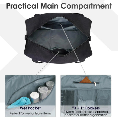 Top view of open Underseat Carry On Bag For Air Travel Fits Spirit Frontier Personal Item 18x14x8 Inches 25L Duffle Weekender Gym Bag With Wet Pocket, showing wet pocket and mesh pockets.