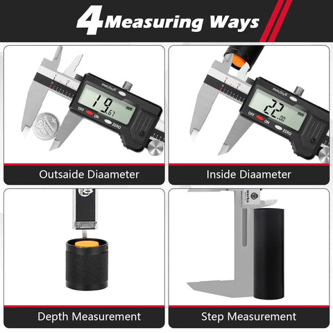 Pro Grade Precision Digital Caliper 0 To 6 Inch Measuring Tool With Auto Off And 0.001 Inch Accuracy Inch Fraction Millimeter Conversions Four Measuring Modes Stainless Steel Construction Includes Hard Case showing four measuring modes.