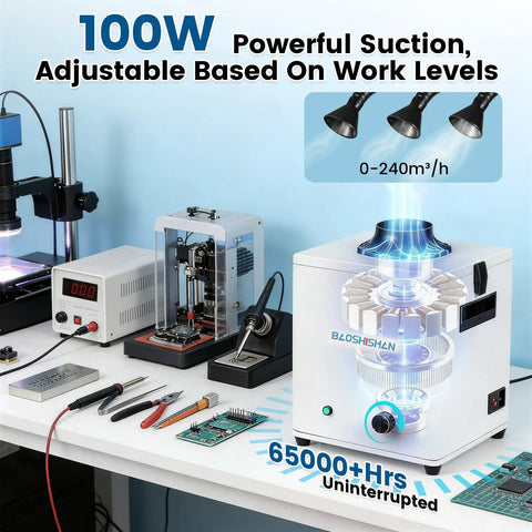 100W Solder Fume Extractor With 240m3h Suction, 3 Layer Filtration for welding and laser cutting in workshop setup