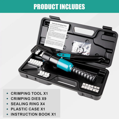 Open case of a 6 Ton Hydraulic Crimping Tool With 9 Die Pairs For 12 AWG To Two Zero Battery Cable Lugs And Wire Rope Crimper Heavy Duty