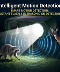 4 Pack Solar Powered Ultrasonic Animal Deterrents For Outdoor Gardens With Motion Sensor And Flash Light IP65 Waterproof Protects Against Cats Deer Squirrels Rabbits Foxes Raccoons Dogs, shown deterring deer and raccoon