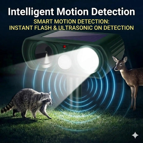 4 Pack Solar Powered Ultrasonic Animal Deterrents For Outdoor Gardens With Motion Sensor And Flash Light IP65 Waterproof Protects Against Cats Deer Squirrels Rabbits Foxes Raccoons Dogs, shown deterring deer and raccoon