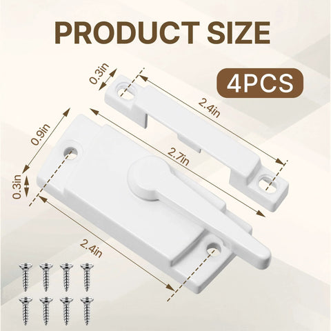 Durable White Cam Window Locks Set For Single And Double Hung Windows 4 Pcs Sash Locks with screws and dimensions shown.