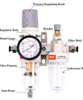 1/4 NPT Air Filter Regulator Lubricator Combo With Auto Drain And Manual Drain Water Oil Separator, Gauge 0-150 Psi, Poly Bowl