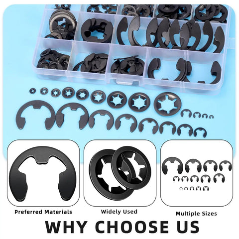261 Pcs Lock Washer And E Clip Kit with 100 Internal Tooth Star Washers and 160 E Ring Circlips on display