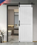 28 Inch By 84 Inch MDF Barn Door With Five Foot Sliding Hardware Kit in modern bathroom setting