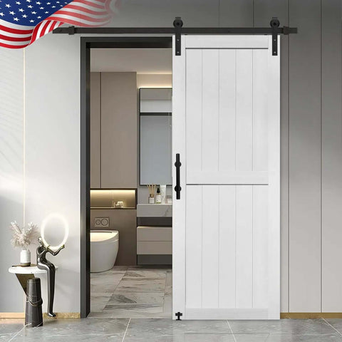 28 Inch By 84 Inch MDF Barn Door With Five Foot Sliding Hardware Kit in modern bathroom setting