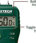 Close-up of pinless moisture meter display with battery life indicator and material type toggle. Pinless Moisture Meter For Wood And Building Materials For DIYers With Visual Moisture Icons And Audible Alerts Noninvasive Readings For Drywall Concrete Plaster Mortar Cardboard Wood Studs And More.