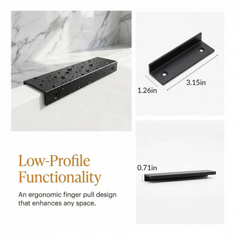 Image of two pack matte black flat cabinet pulls with finger edge handles, 80mm center, 3.15 inch length, modern low profile hardware.