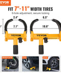 Universal Wheel Clamp Lock Set, Adjustable Anti Theft Tire Lock For ATV, SUV, Car, Golf Cart, Boat, And Motorcycle, Heavy Duty Steel Construction, Built Tough With Six Keys shown in yellow with measurements and application examples.