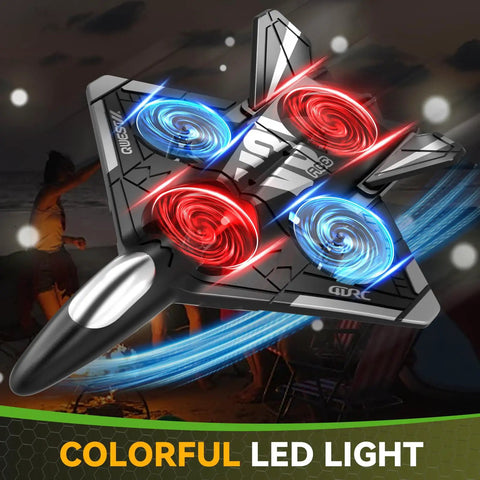 Top view of Dope Camera Equipped RC Plane with colorful LED lights, designed for kids and adults foam drones and 360 degree flip stunts.
