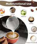 Handheld Milk Frother Cordless Electric Foam Maker With Stainless Steel Whisk Froths In 15 Seconds pouring milk into coffee.