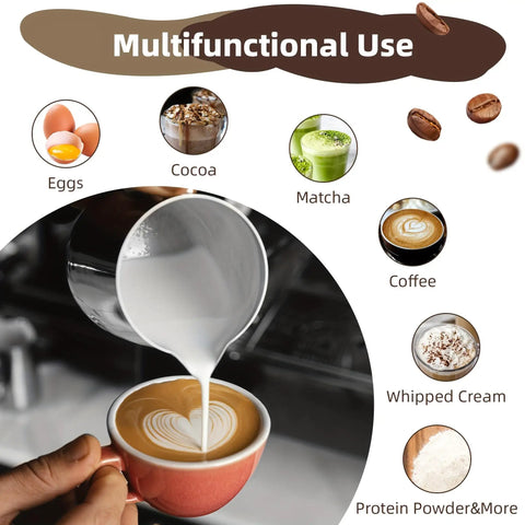 Handheld Milk Frother Cordless Electric Foam Maker With Stainless Steel Whisk Froths In 15 Seconds pouring milk into coffee.