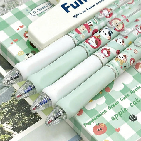 Four Piece Erasable Gel Pens With Retractable Cat Cartoons 0.5mm Black Ink Green Cat Pattern Cute Kawaii Style Writing Pens
