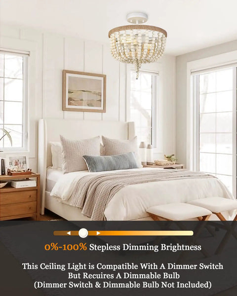 Boho Birch Wood Beaded Chandelier Flush Mount Ceiling Light With Rustic Charm, 13 Inch 2 Light in bedroom, white farmhouse style