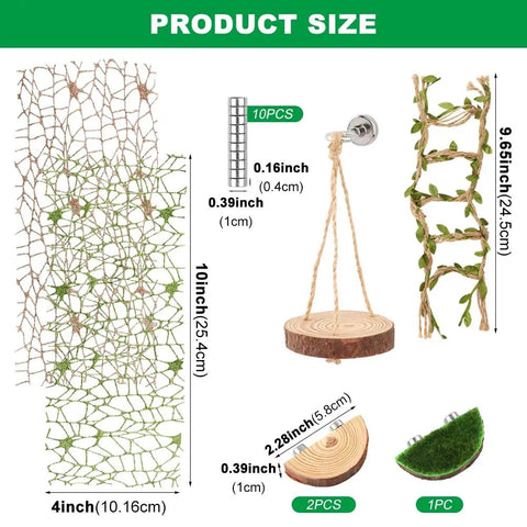 Product size image of Premium Seven Piece Jumping Spider Habitat Decor Kit featuring natural wood and hanging elements.