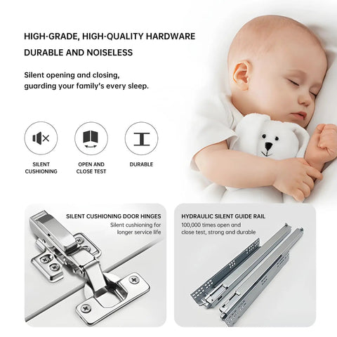 High-quality hardware features including silent cushioning door hinges and hydraulic silent guide rail.