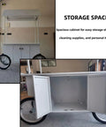Slick Portable Vendor Cart With Heavy Duty Rubber Wheels And Locking Storage Cabinet For Farmers Markets Pop Up Booths And Flower Display Racks showing spacious storage cabinet and sturdy wheels.