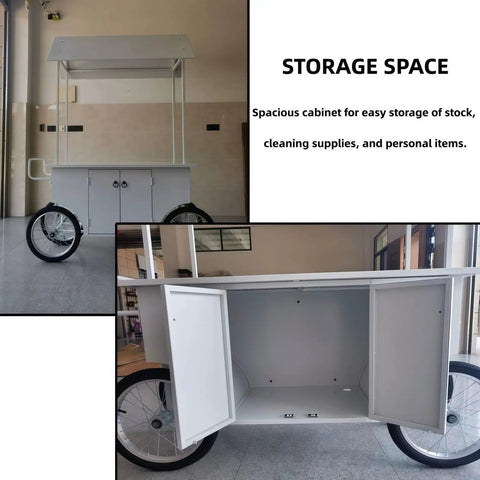 Slick Portable Vendor Cart With Heavy Duty Rubber Wheels And Locking Storage Cabinet For Farmers Markets Pop Up Booths And Flower Display Racks showing spacious storage cabinet and sturdy wheels.