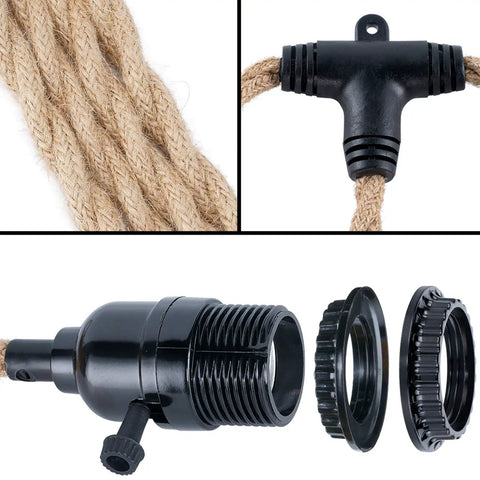 Close-up of Triple Pendant Light Cord Kit With Independent Switch Hemp Rope Vintage Hanging Fixture for E26 Bulbs components