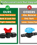 Comparison of Thirteen Piece One Half Inch Drip Irrigation Shut Off Valves Kit with barbed and lock nut connectors and other brands.