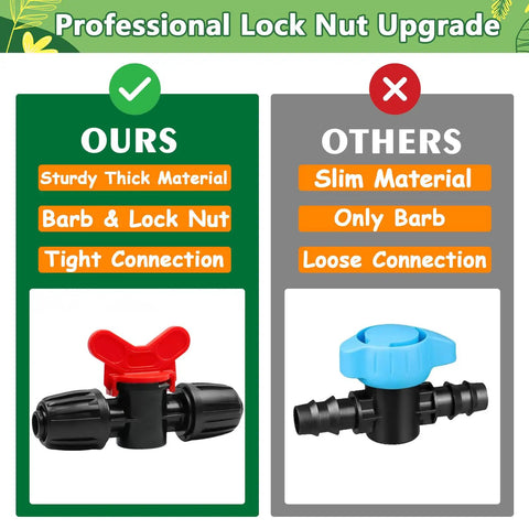 Comparison of Thirteen Piece One Half Inch Drip Irrigation Shut Off Valves Kit with barbed and lock nut connectors and other brands.