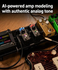 Tonex One Plus AI Guitar Amp And Effects Pedal setup on wooden surface with multiple pedals