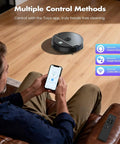 Man controlling black Robot Vacuum And Mop Combo with 3500Pa Suction, Kickass WiFi App Control And Remote, in living room