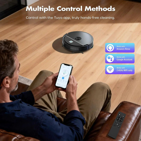 Man controlling black Robot Vacuum And Mop Combo with 3500Pa Suction, Kickass WiFi App Control And Remote, in living room