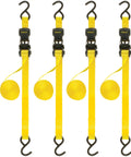 One Inch X Twelve Foot Ratchet Straps Four Pack Featuring Ergonomic Padded Grips And Heavy Duty Black Steel Clamps To Hold Things Lock Tight And Secure Gear With Zero Sweat, with bright yellow webbing and sturdy hooks.