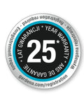 Circular 25-year warranty label for product registration, featuring multi-language instructions.
