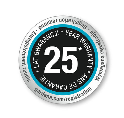 Circular 25-year warranty label for product registration, featuring multi-language instructions.
