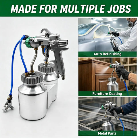 Heavy Duty Dual Head Paint Spray Gun With High Pressure Feed, Massive Two Liter Tank, Precision 1.3 Mm Nozzle, Handheld Airbrush Sprayer displaying dual heads and two-liter tanks for various projects.