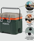 Heavy Duty 25 Quart Insulated Cooler Box With Thick Foam Walls For Serious Ice Retention Made In Usa, green and grey cooler with bail handle.
