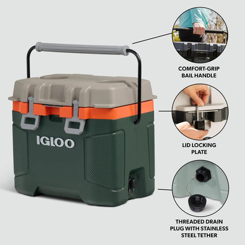 Heavy Duty 25 Quart Insulated Cooler Box With Thick Foam Walls For Serious Ice Retention Made In Usa, green and grey cooler with bail handle.