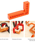 Eight Pack 90 Degree Corner Clamps And Woodworking Positioning Squares Featuring 3 Inch And 4 Inch Sizes that show clamping with quick, A-clamp, and gun-type clamps.