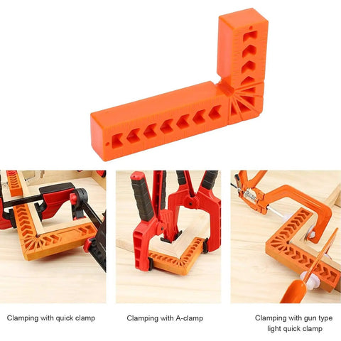 Eight Pack 90 Degree Corner Clamps And Woodworking Positioning Squares Featuring 3 Inch And 4 Inch Sizes that show clamping with quick, A-clamp, and gun-type clamps.