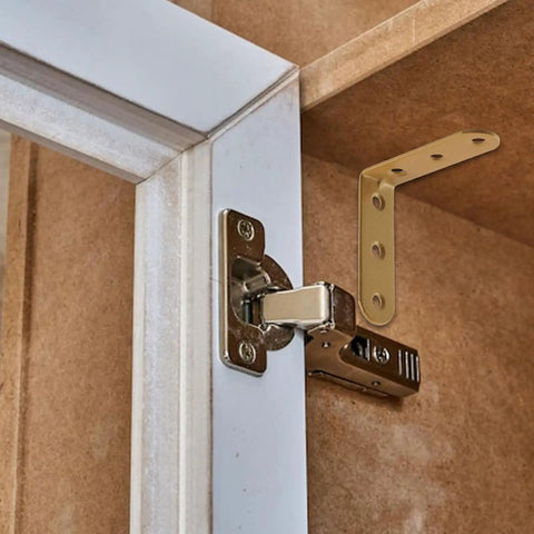 Heavy Duty L Bracket Corner Brace With Screws Rock Solid Right Angle Shelf Support For Furniture Repair And Woodworking No Sweat Assembly 8 Pack installed on cabinet corner.