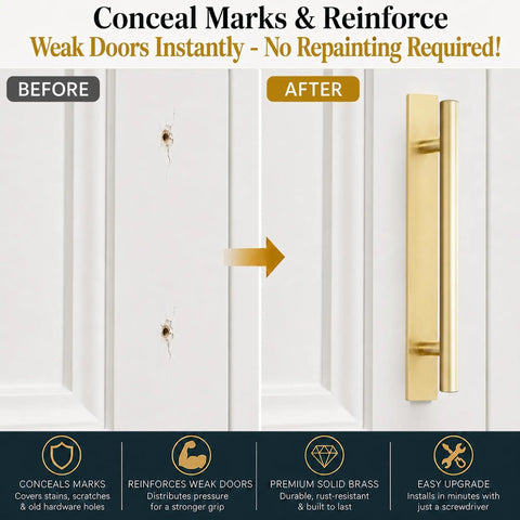 Rock Solid 5 Pack Brass Cabinet Drawer Pull Backplates Featuring 3 Inch Hole Centers With A Legit Brushed Finish That Definitely Will Not Chip Or Peel On Wood Surfaces, showing before and after installation.