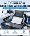 Solid Cruiser Steering Desk For Tesla Cybertruck Foundation Series 2024 To 2026 With Expandable Laptop And Dining Tray clamped to steering wheel with laptop and mouse.