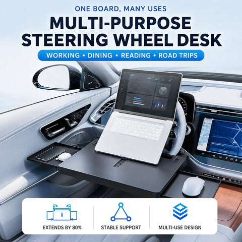 Solid Cruiser Steering Desk For Tesla Cybertruck Foundation Series 2024 To 2026 With Expandable Laptop And Dining Tray clamped to steering wheel with laptop and mouse.