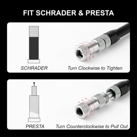 Diagram showing Schrader and Presta valve compatibility for High Pressure Shock Pump 300 Psi With Gauge for MTB Front Fork and Rear Suspension.