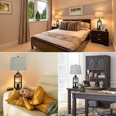 2 Light Farmhouse Rustic Touch Table Lamps Set Of 2 With Gray Shades in bedroom, living room, and office settings