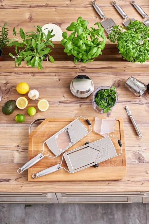Pro Slicer With V Blade Stainless Steel 46 Cm For Quick No Fuss Clean Slices In Your Kitchen Ergonomic Handle shown on wooden board