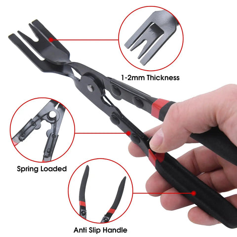 Heavy Duty Carbon Steel Panel Clip Pliers For Automotive Door Trim And Upholstery Removal Plus Chrome Coated Design shown with spring-loaded handle and anti-slip grips.