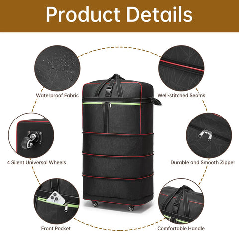 Front view of black foldable rolling duffel bag with wheels and handle, expandable, waterproof fabric