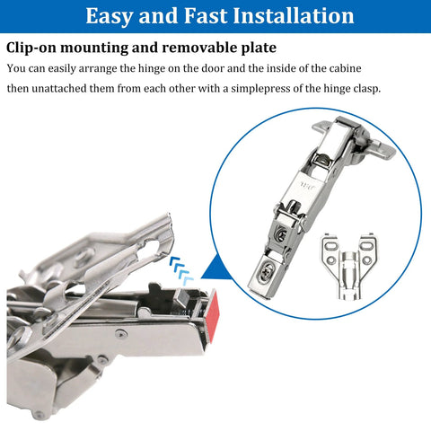 2 Pack 180 Degree Concealed Hydraulic Cabinet Hinges With 3D Adjustable Clip On Plates For Face Frame Kitchen Doors Soft Close And Silent Operation Full Overlay Durable Steel Construction Easy No Fuss Installation In Corner Cabinets And Pantry Storage image showing hinge design and installation