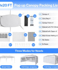 Packing list for 10x20 Ft Pop Up Canopy Tent With Six Sidewalls And Mosquito Netting, Heavy Duty Commercial Instant Outdoor Shelter